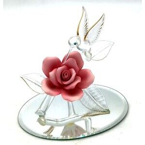 Vtg Glass Baron I998 Hummingbird Figurine  On Oval Mirror Pink Rose Floral
